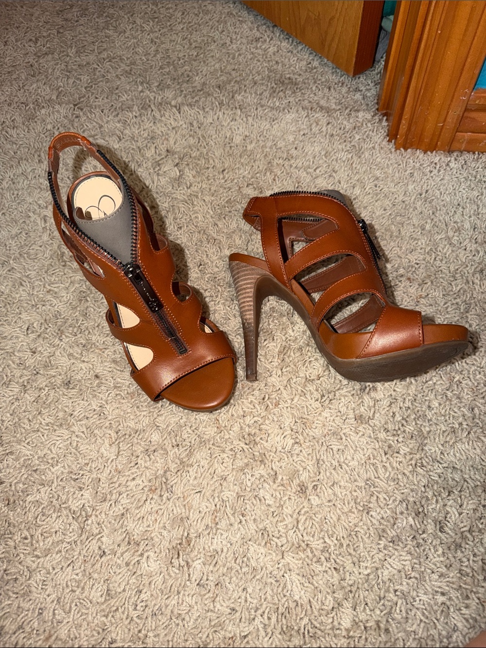 Jessica Simpson Brown Strappy Zip-Front High Heel Sandals